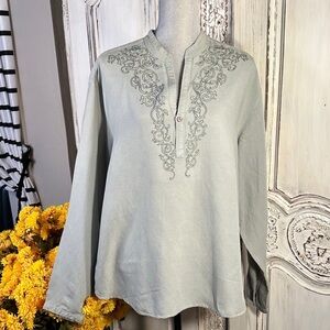 Cubavera Linen Blend Embroidered Sage Green Long Sleeve Blouse